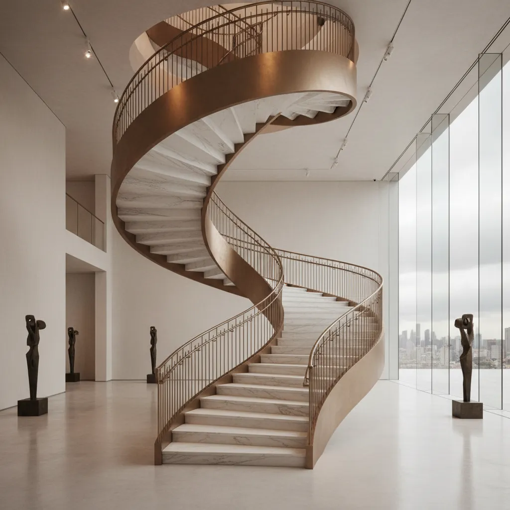 Escalera escultórica en interior de lujo contemporáneo
