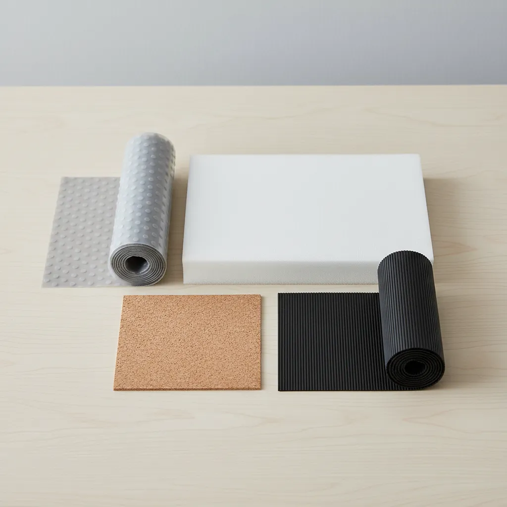 Different drawer liner material samples including EVA foam PVC and cork