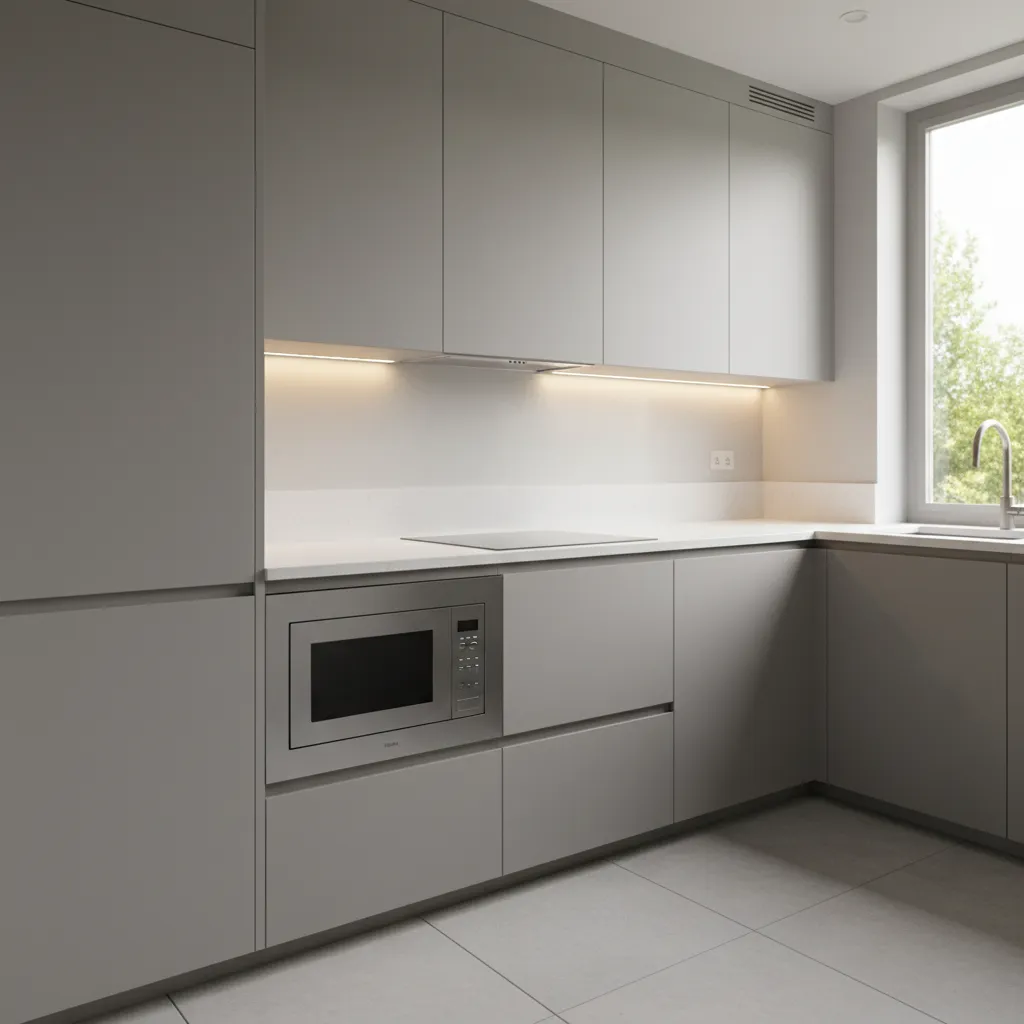 drawer microwave installed below counter in modern small kitchen