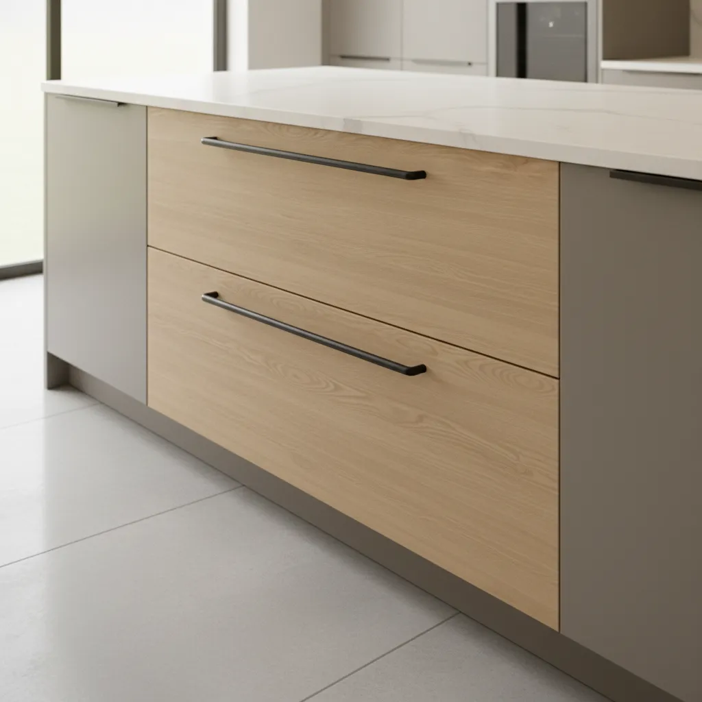 Modern kitchen island with wood drawers, black handles, white stone countertop, and grey side panels