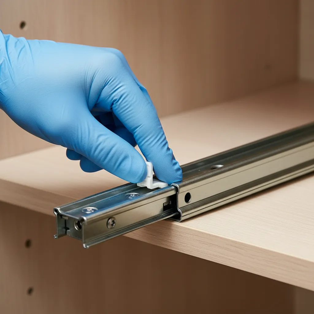 Close up of drawer slide release clip mechanism on kitchen cabinet