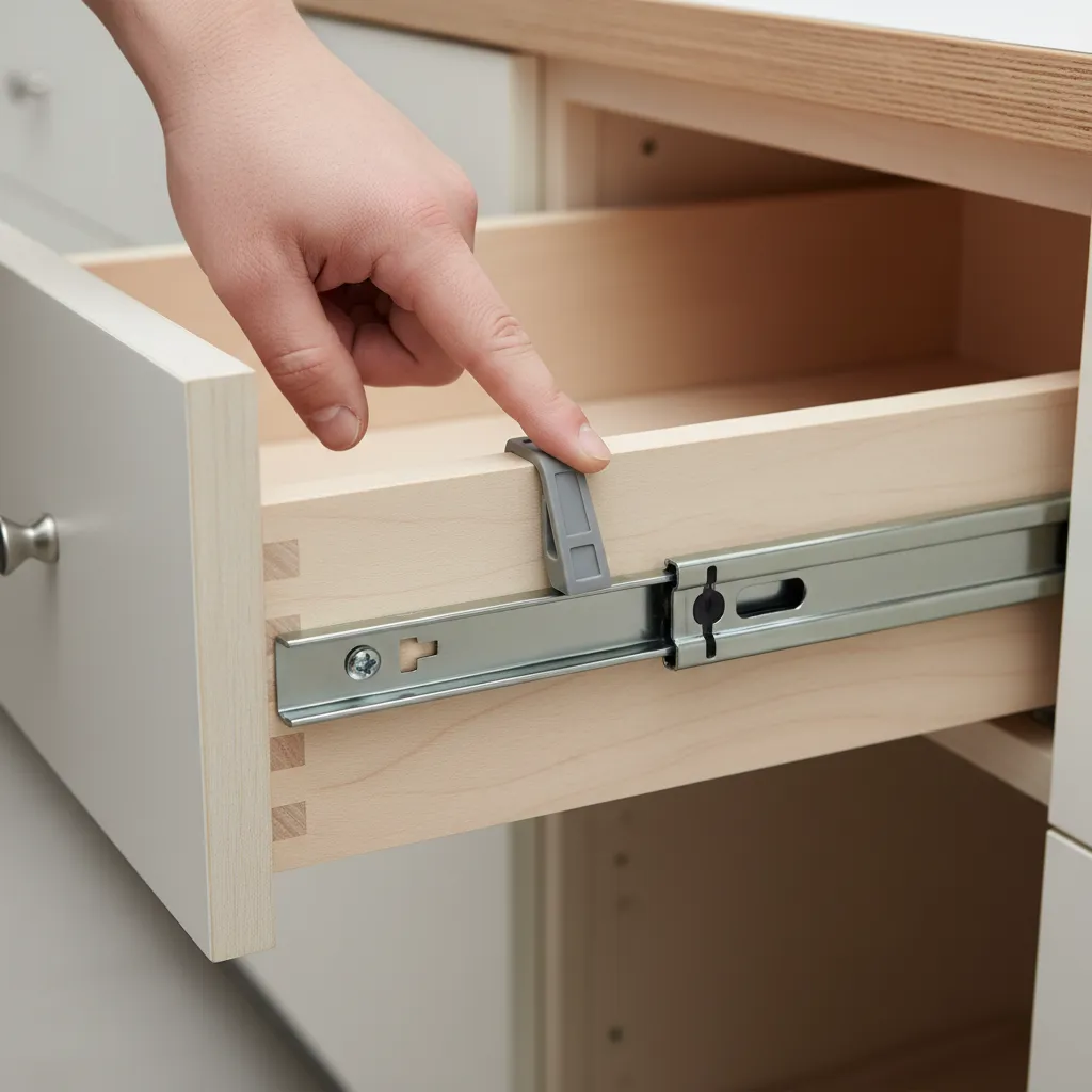 Close up of drawer slide release lever being pressed to remove drawer