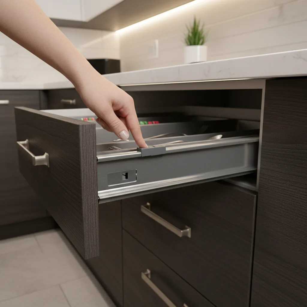 Hand pressing release lever on side glide kitchen drawer slide