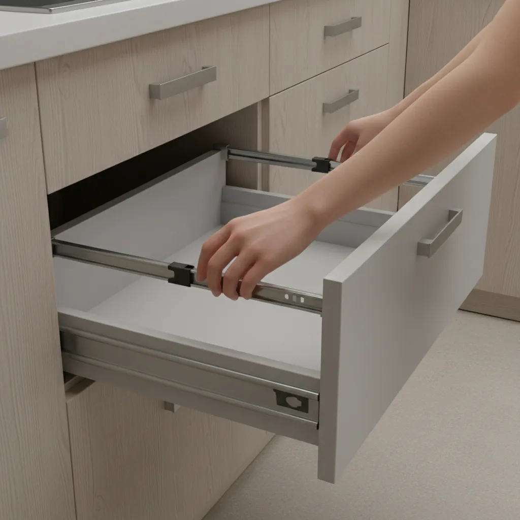 Hands holding the metal side rails of an open white drawer in a light wood cabinet