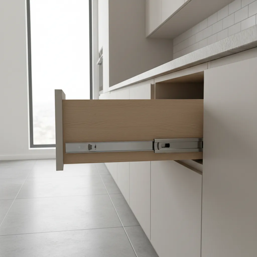 Step by step demonstration of removing a kitchen drawer from cabinet rails