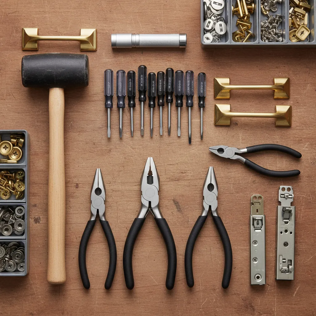 Common tools used to remove stuck cabinet drawers including screwdriver and pliers