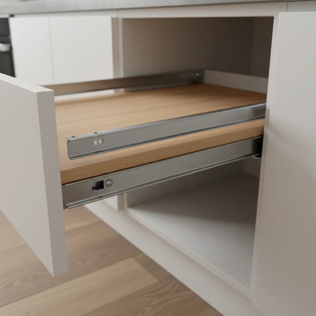 Close up of cabinet drawer slides supporting a pull out kitchen table
