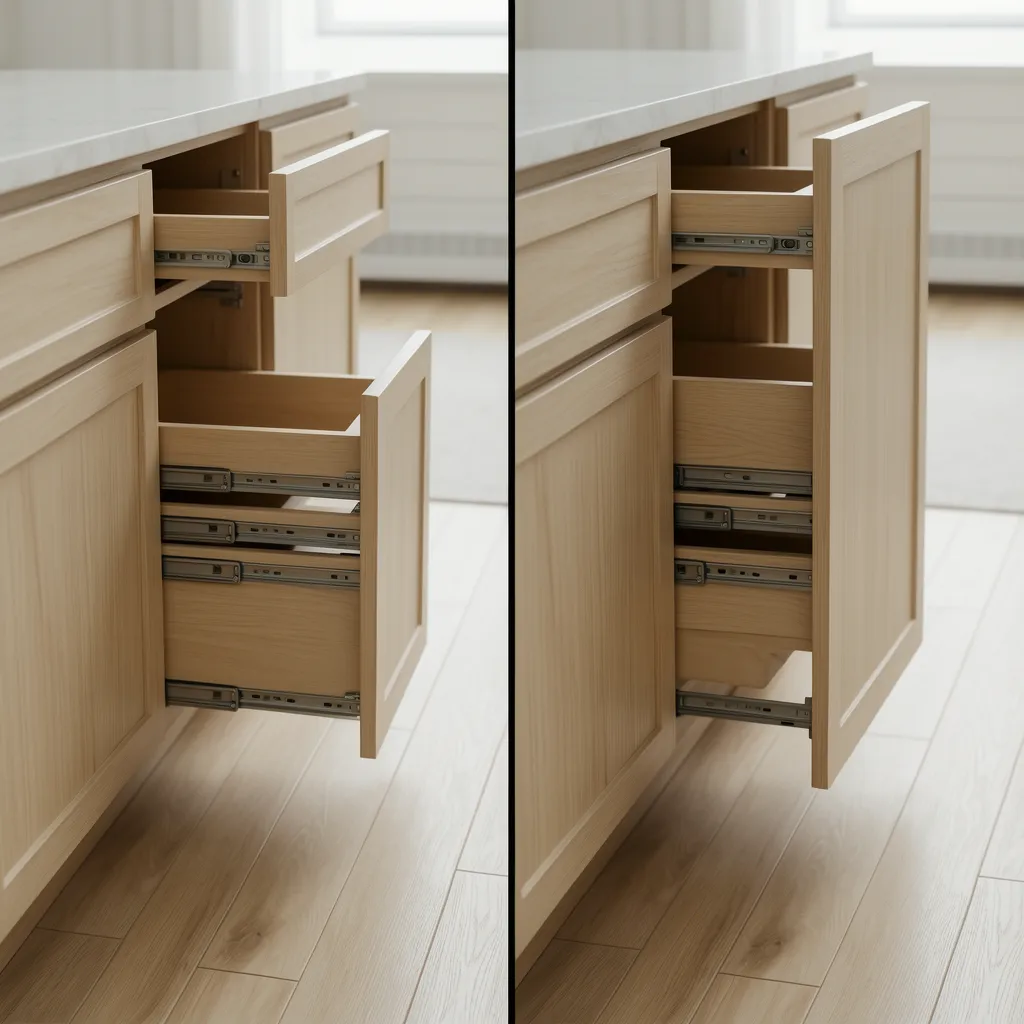 Comparison of side mount and undermount drawer systems inside kitchen cabinet