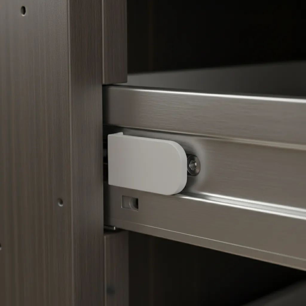 Close-up of drawer slide release lever inside kitchen cabinet rail