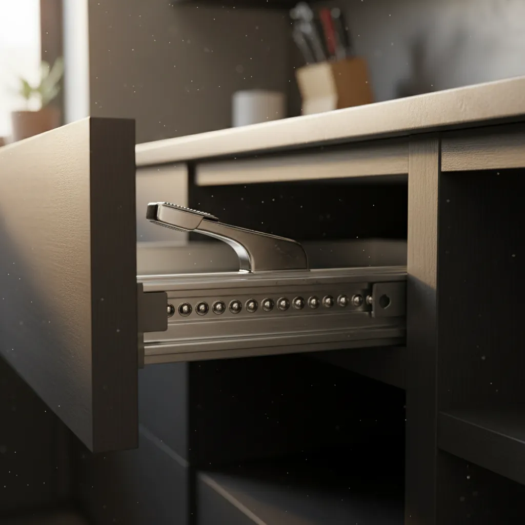 Metal drawer slide with ball bearings and release lever shown in a dark kitchen cabinet