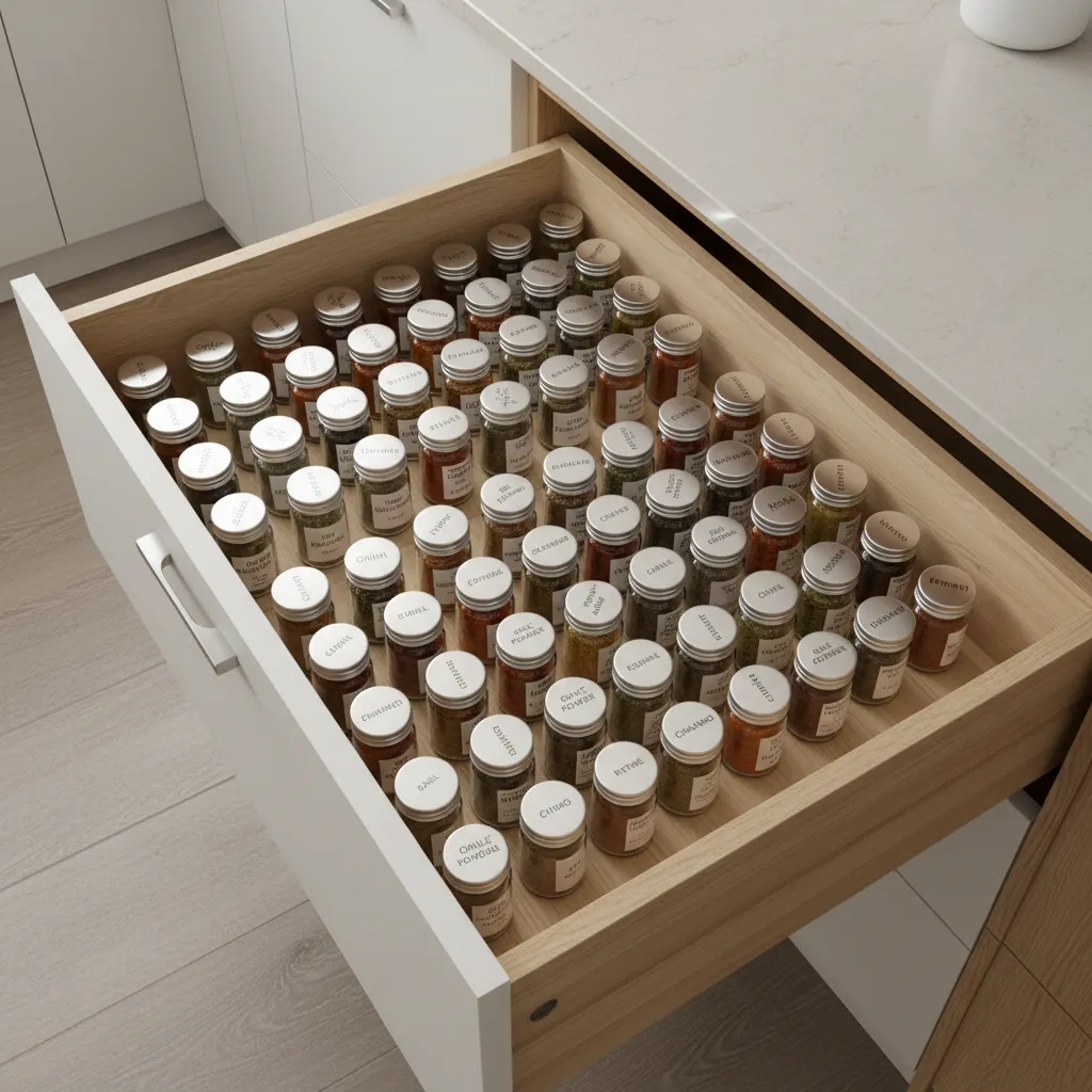 kitchen drawer with angled spice organizer insert