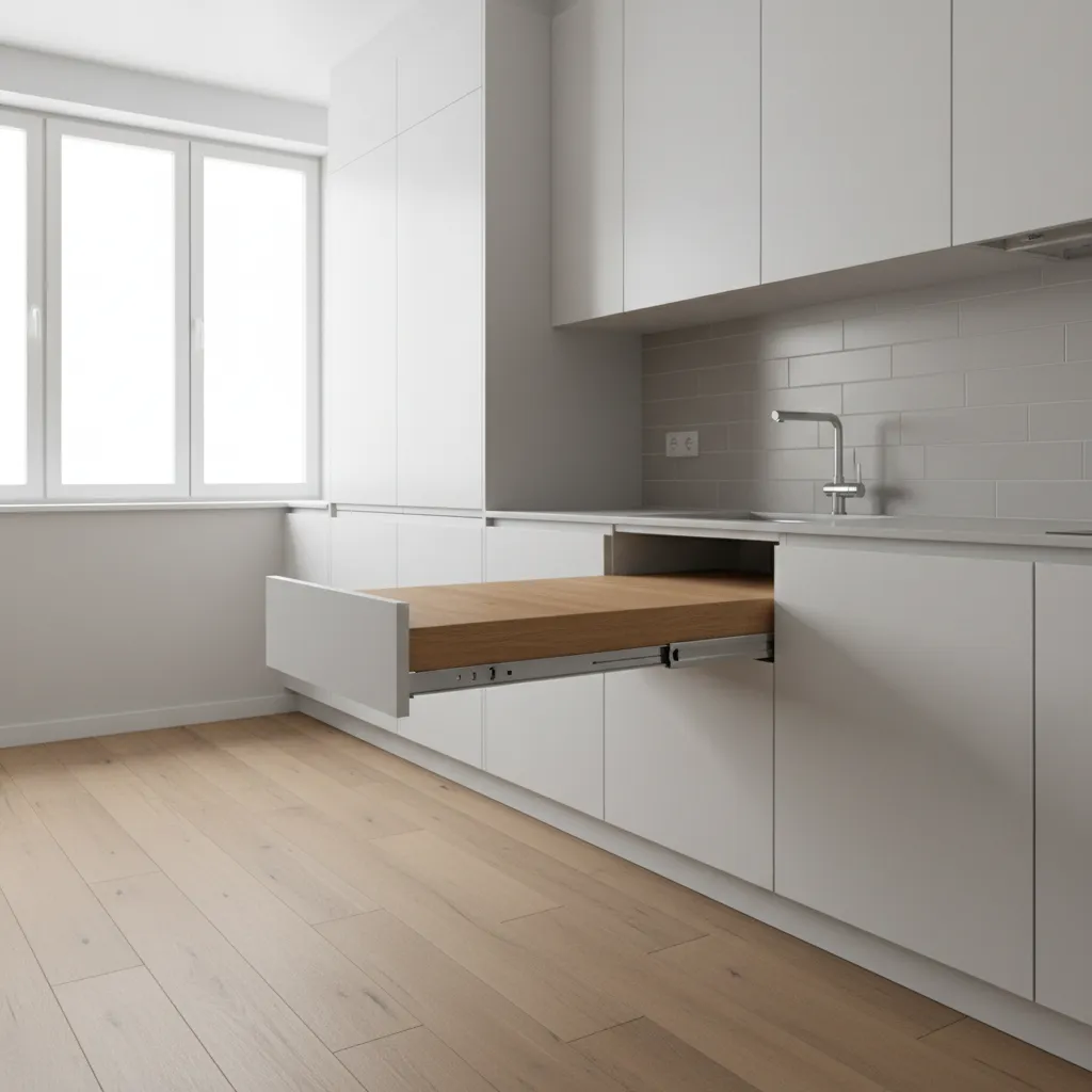 Drawer style pull out kitchen table sliding from cabinetry