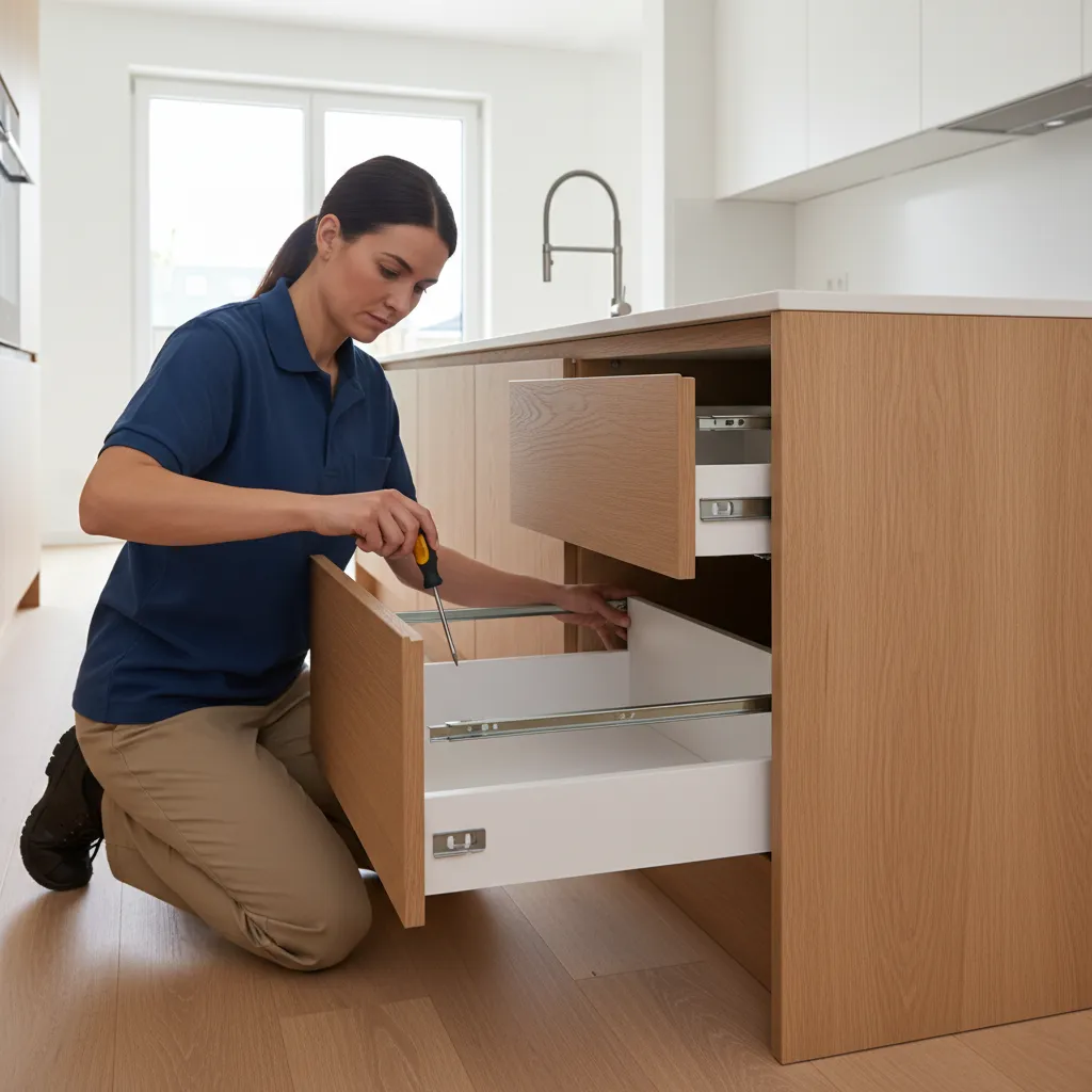 Adjusting cabinet drawer track alignment with screwdriver