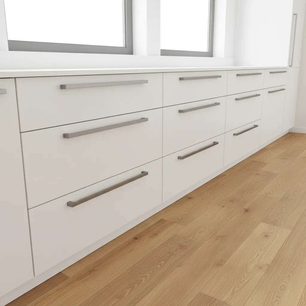 kitchen drawers showing handle lengths matching drawer width proportions