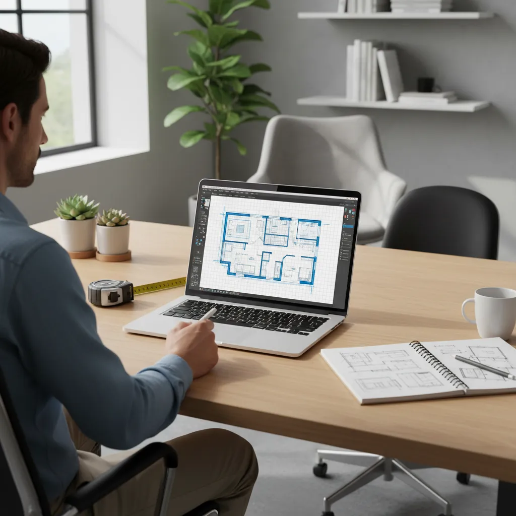 Person creating a 2D floor plan layout on laptop design software