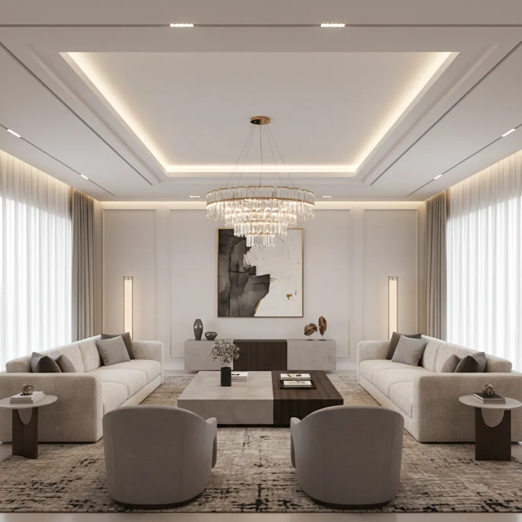 False ceiling centered above seating arrangement in living room