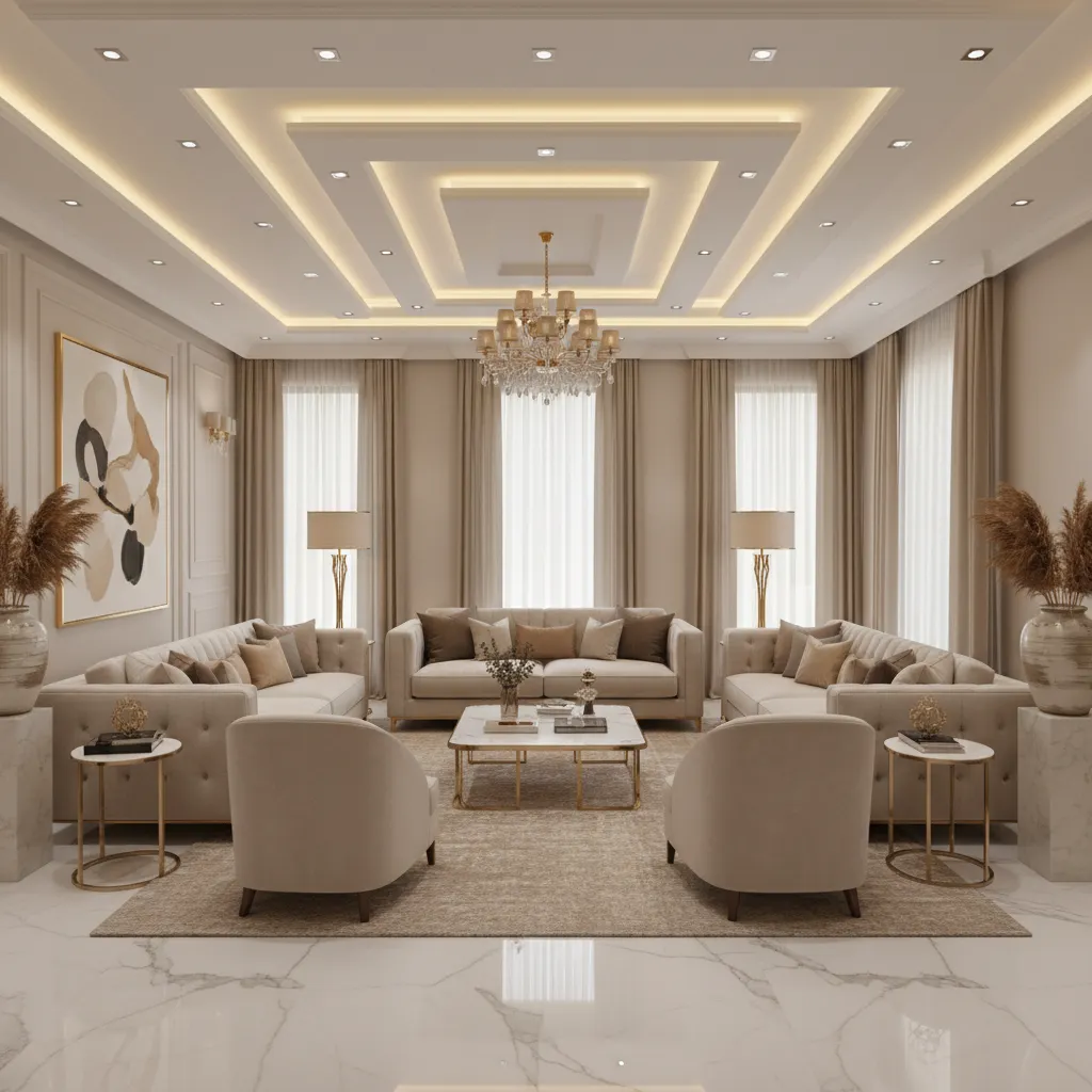 Elegant living room with tiered square ceiling hidden lighting marble floor and central ceiling light