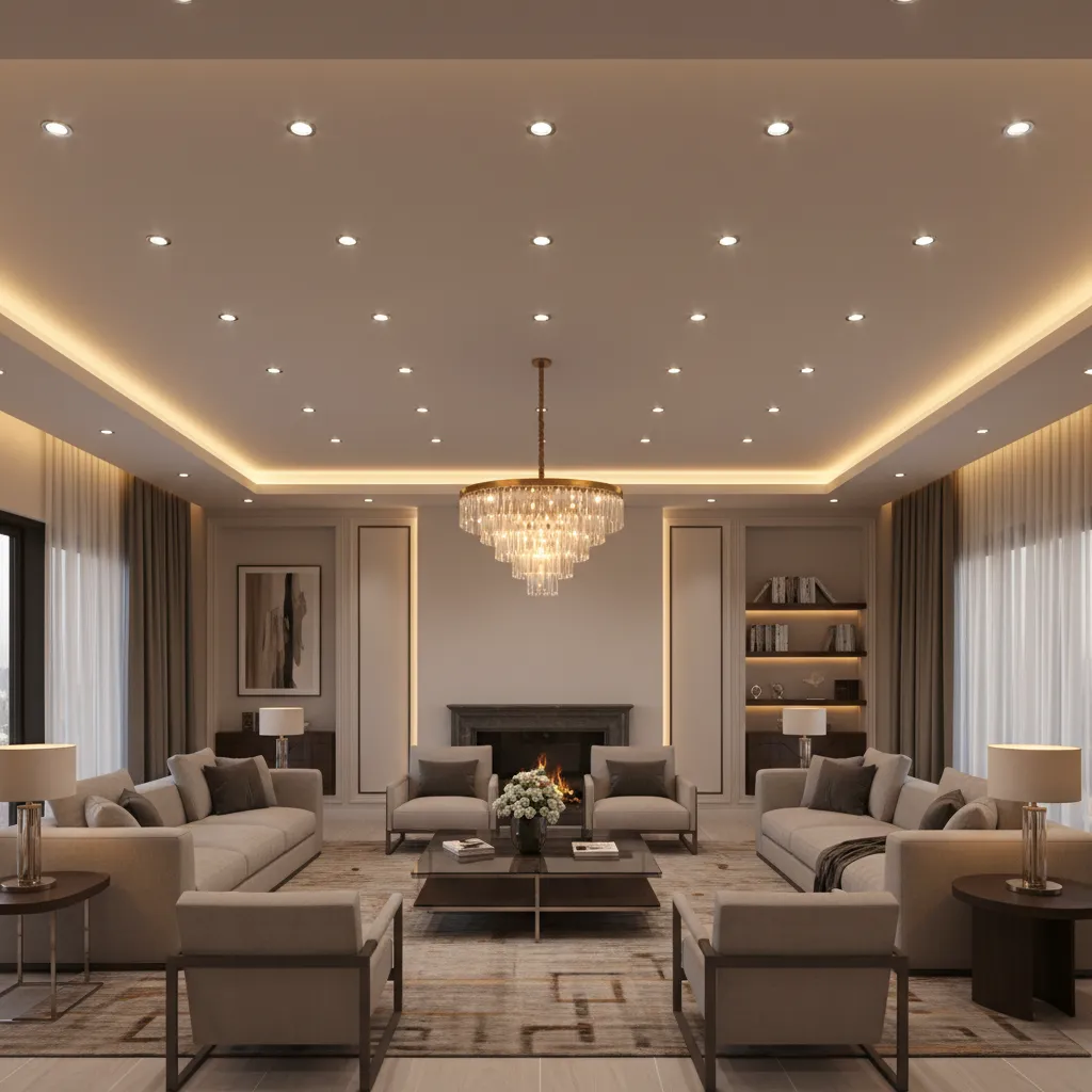 Large living room with fireplace and ceiling having many small spotlights and central ceiling light