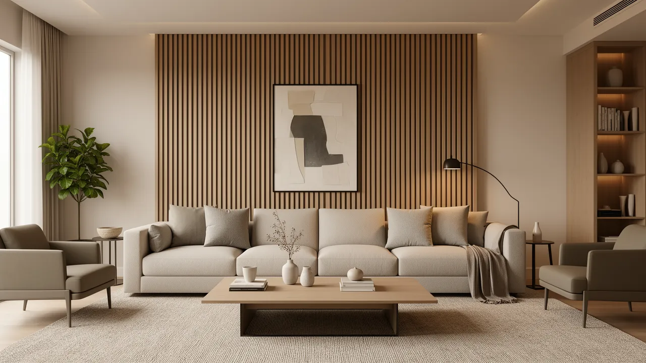 modern drawing room with wood slat feature wall behind sofa