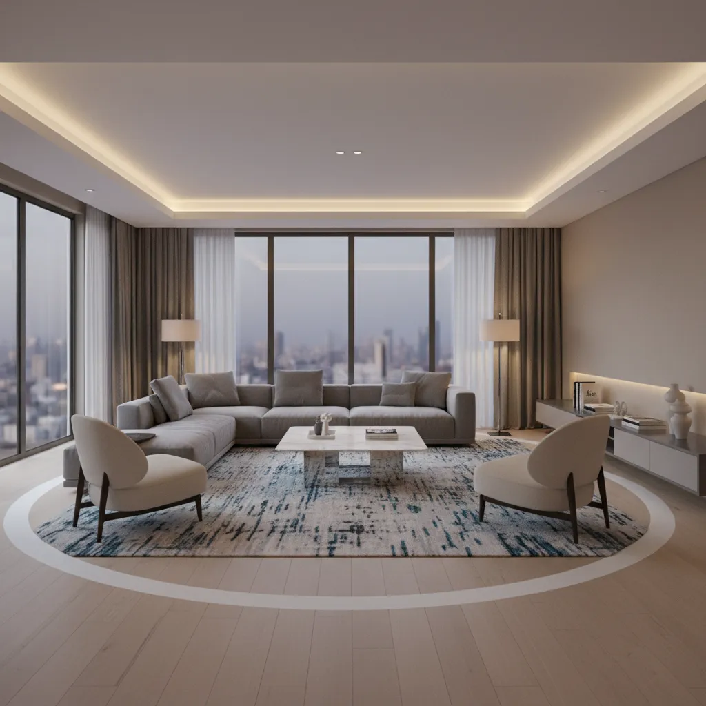 drawing room furniture layout with sofa chairs and central coffee table