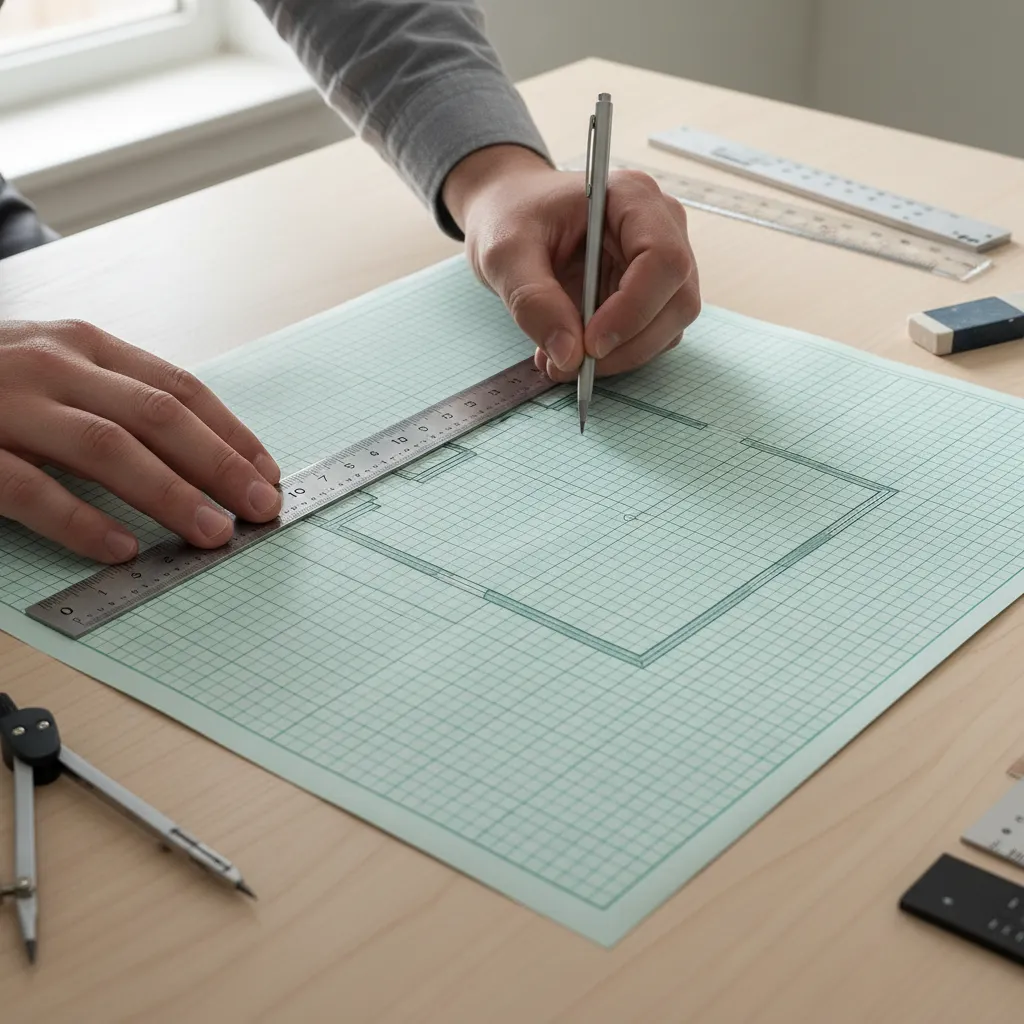 hand drawing a room floor plan on graph paper with ruler and pencil