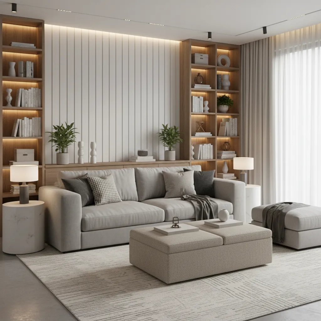 Drawing room with storage ottoman and functional furniture layout