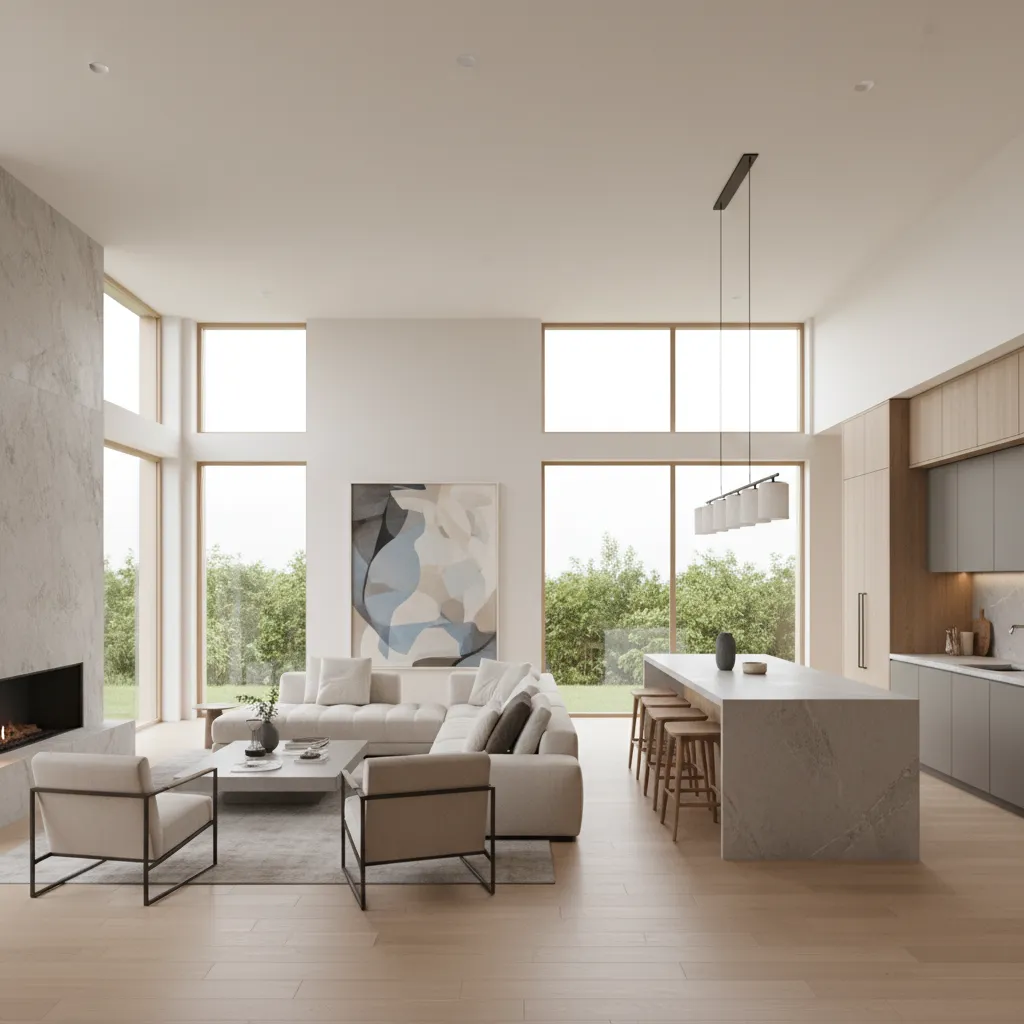 Open concept living room kitchen layout representing a dream floor plan with natural light