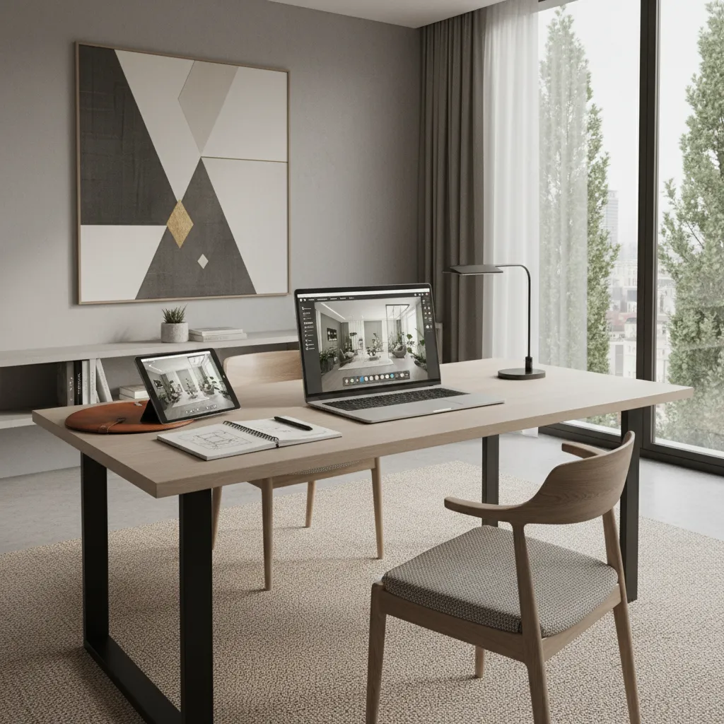 Home office desk with laptop showing interior design software tablet notebook wood table and chair