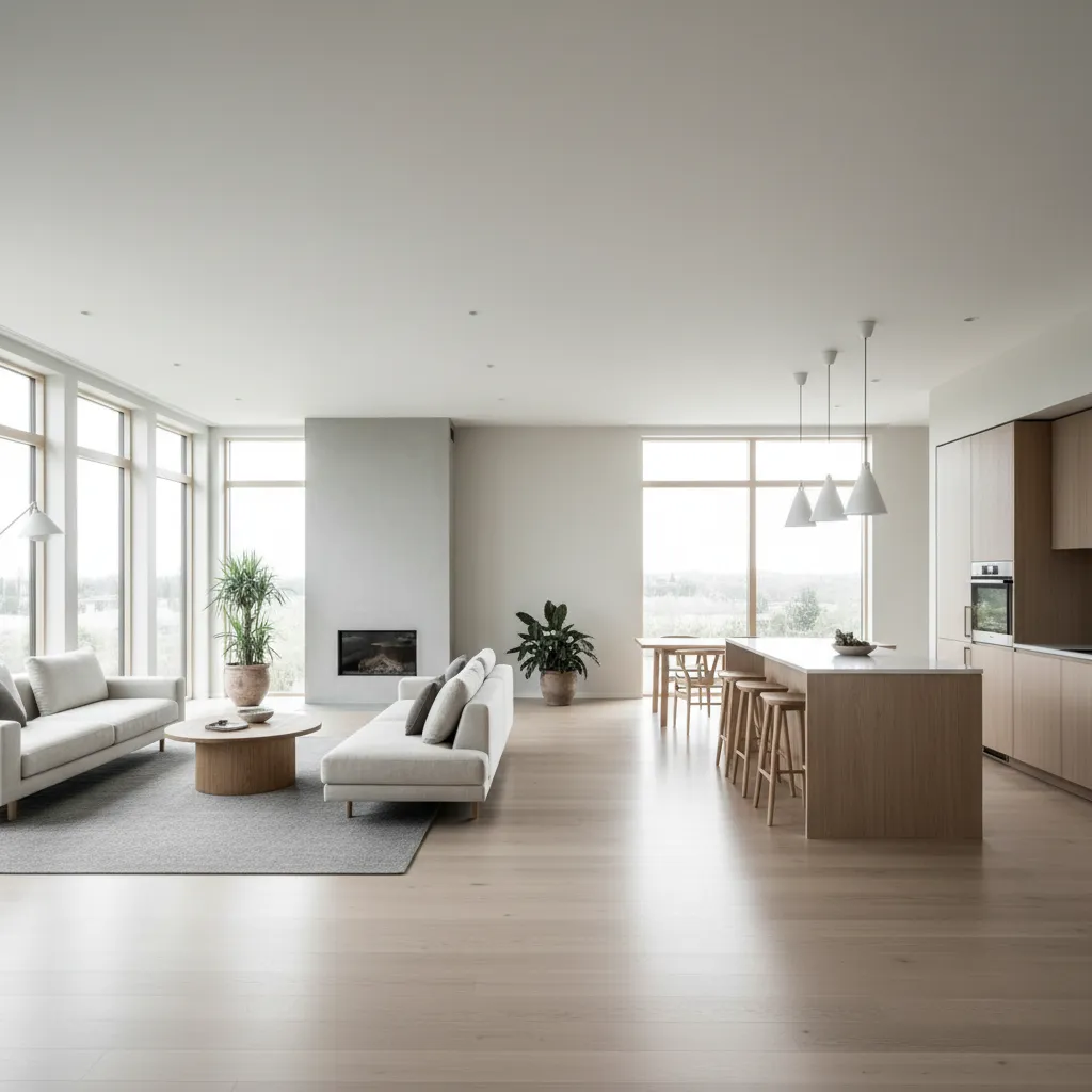 Salón moderno con cocina abierta y grandes ventanas