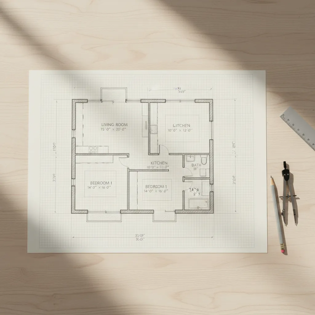 Hand drawn dream house floor plan sketch with measurements and geometric layout