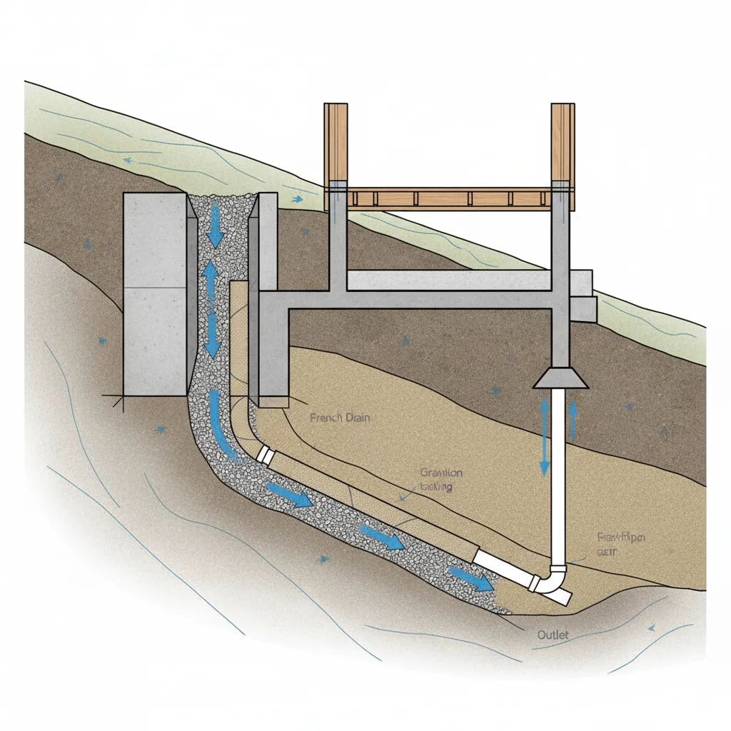 Sistema de drenagem ao redor de casa construída em terreno inclinado