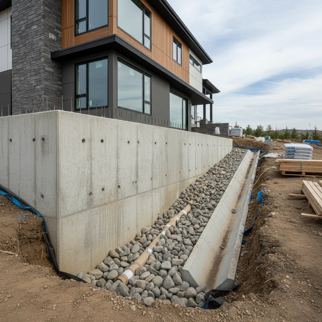 House construction site showing a concrete wall, drainage pipes with rocks, and a modern house