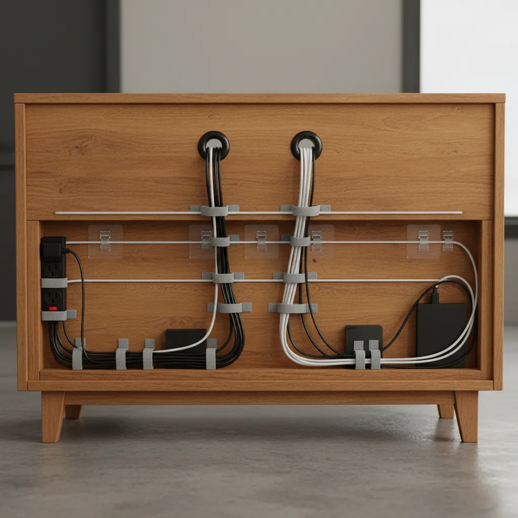 rear cable routing holes and cable clips behind a dresser TV setup