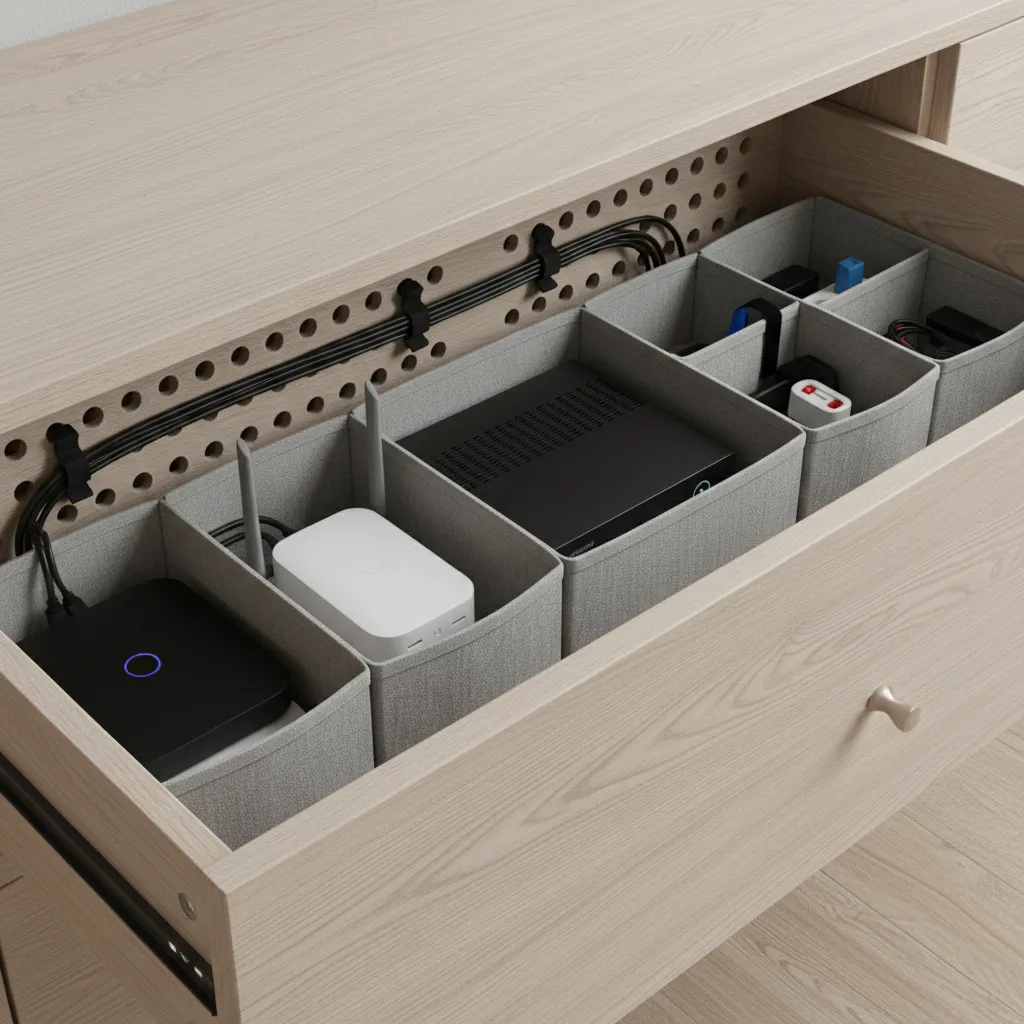 dresser drawer organized with streaming device router and cable ventilation holes