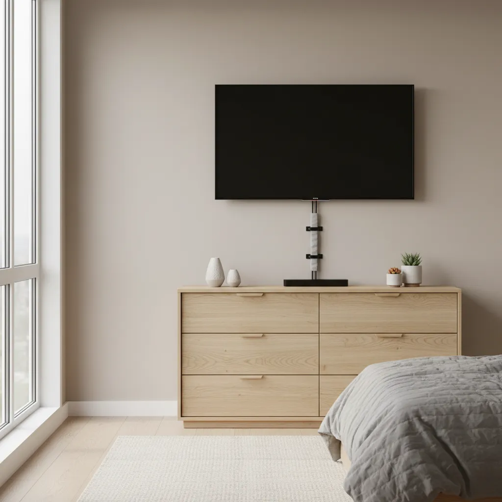 Organized cable management behind dresser with TV and streaming devices