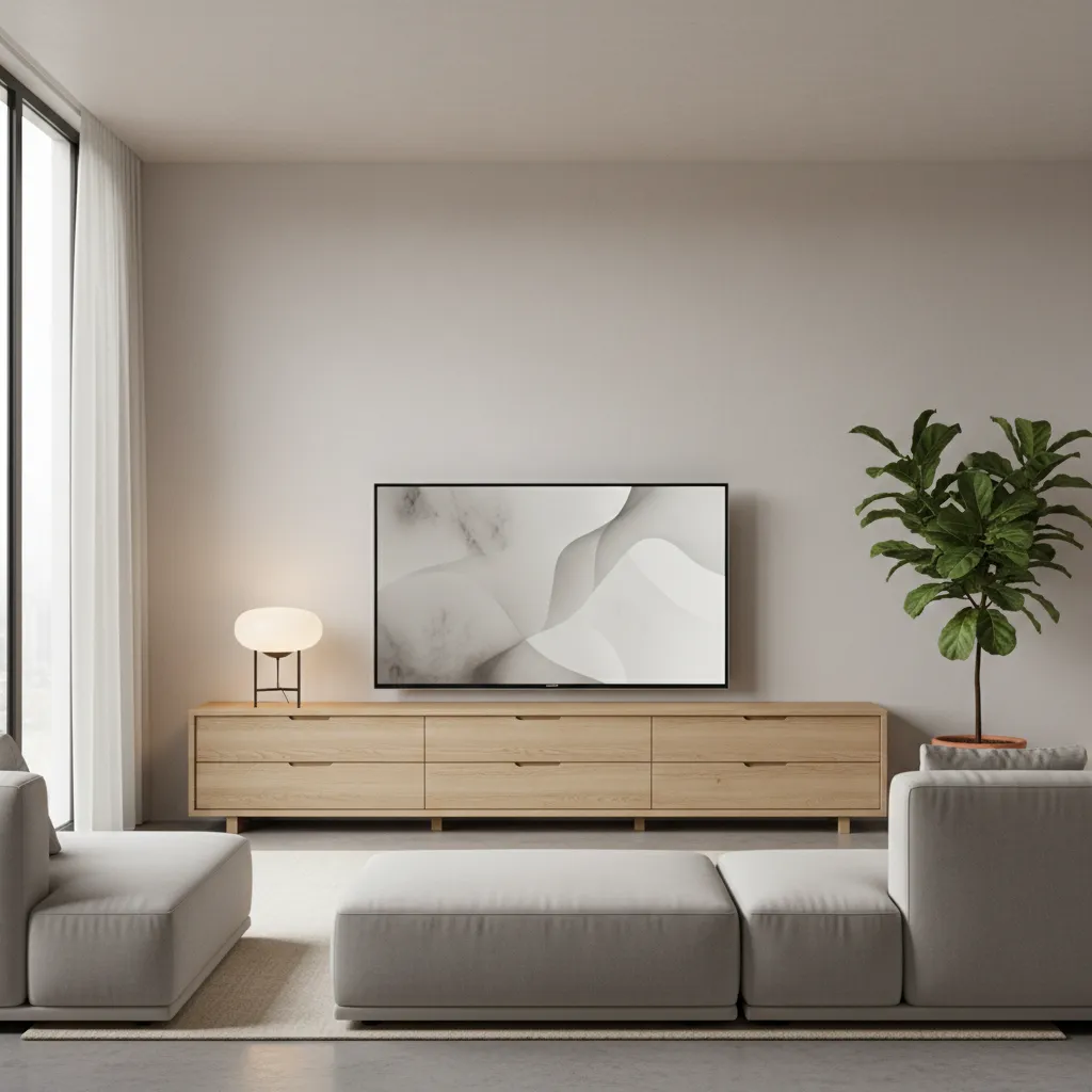 minimal styling on dresser used as TV stand with plant and lamp