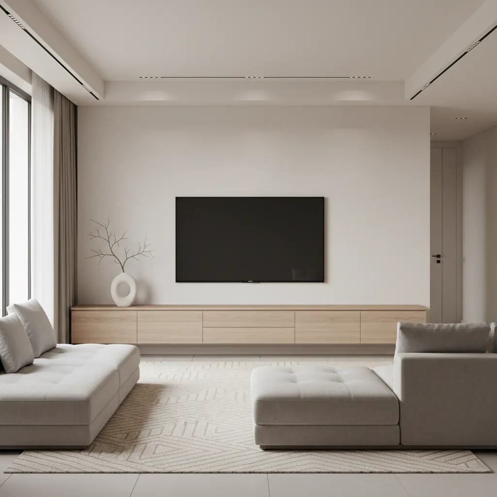 Modern living room with dresser used as TV stand below wall mounted television