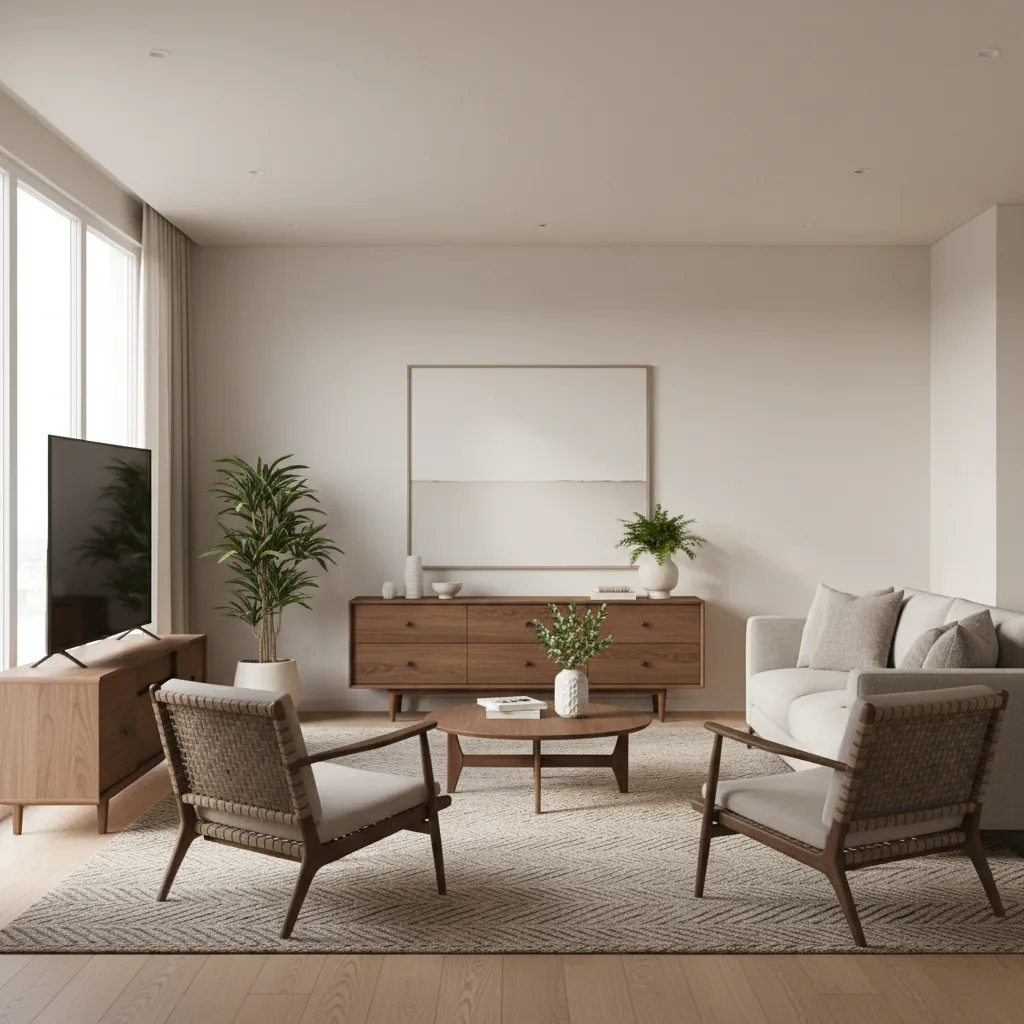 dresser used as a TV stand in a modern living room layout