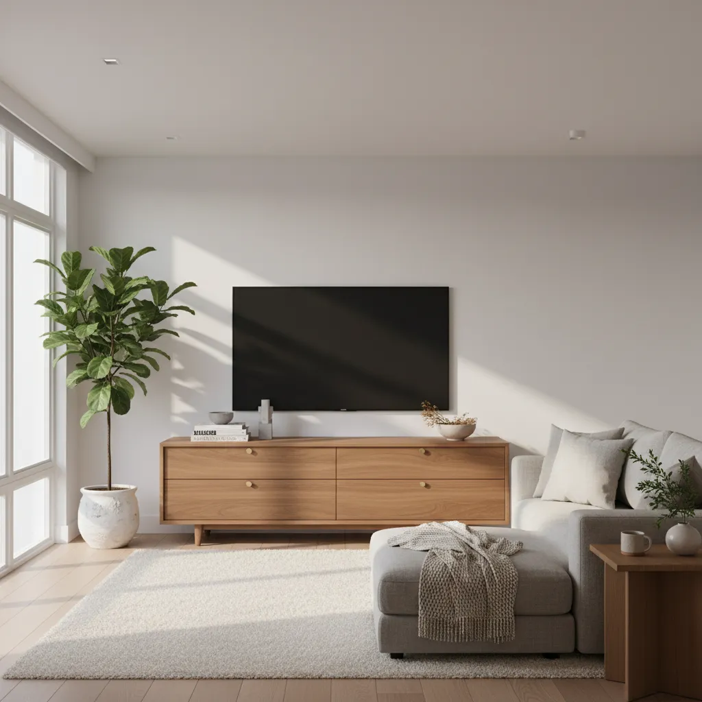 living room with dresser used as TV stand beneath wall mounted television