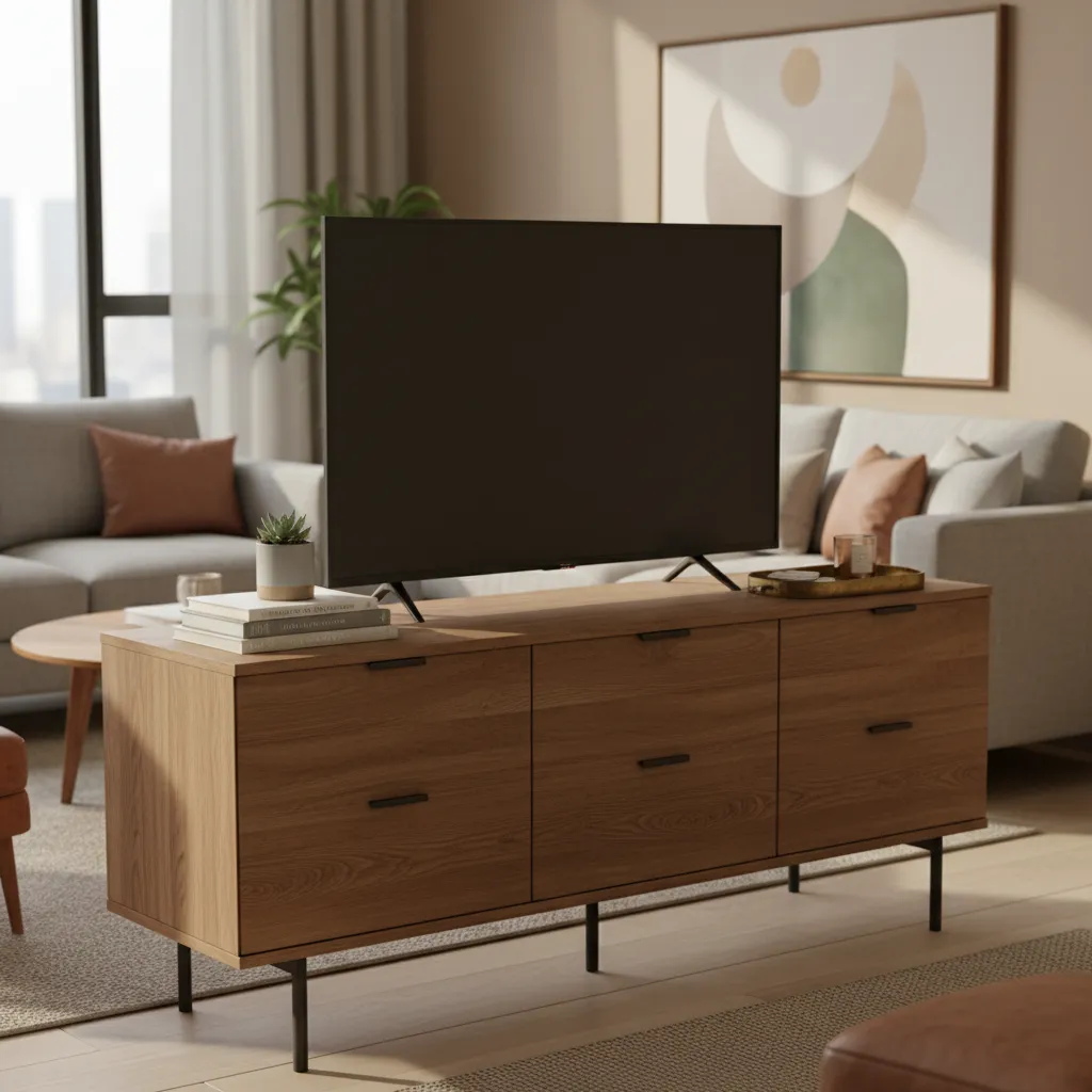 dresser TV stand styled with plant books and hidden drawer storage