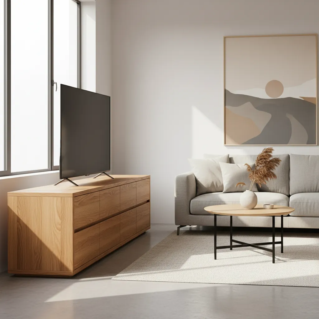 Wood dresser used as a TV stand in a modern living room