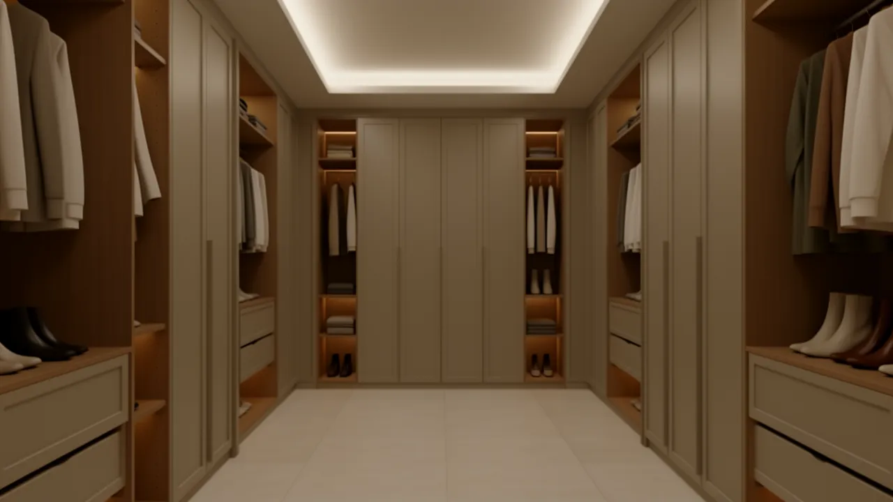 Walkway layout in a dressing room with storage along the walls