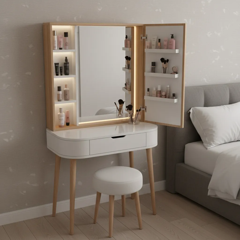 Small dressing table with hidden storage mirror cabinet