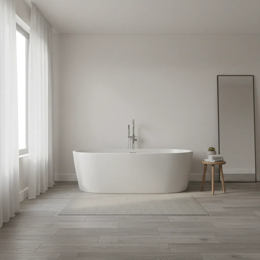 Driftwood gray vinyl flooring in spa style bathroom