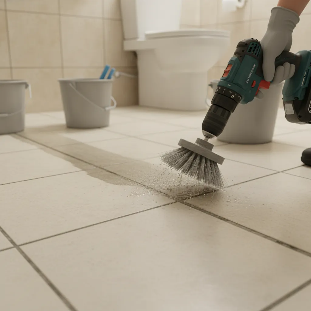 Drill brush attachment scrubbing bathroom tile grout