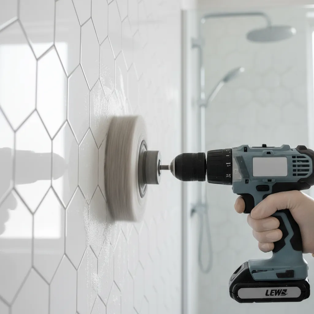 Power drill brush cleaning ceramic bathroom wall tiles