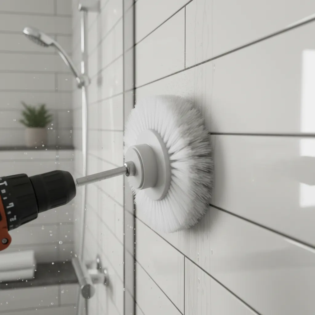 Power drill brush cleaning bathroom wall tiles