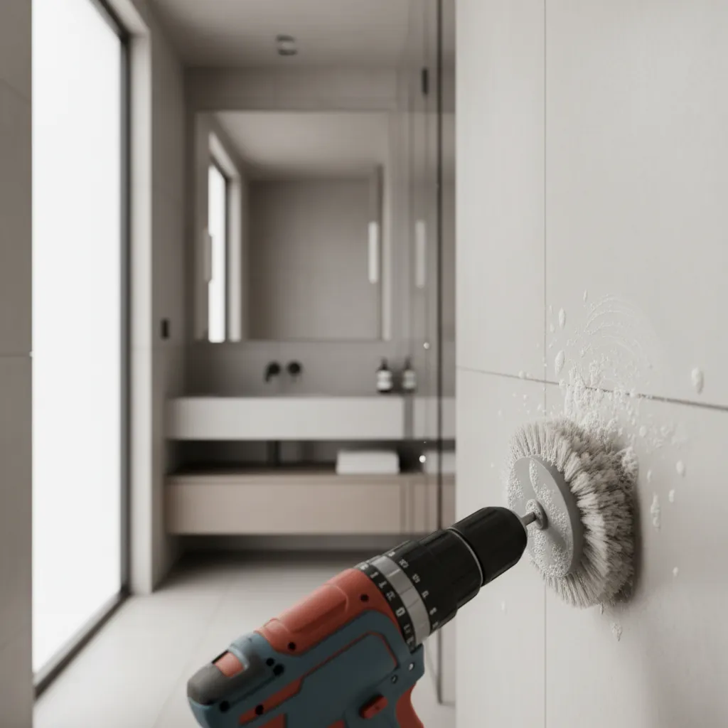 Drill brush cleaning soap residue from bathroom wall tiles