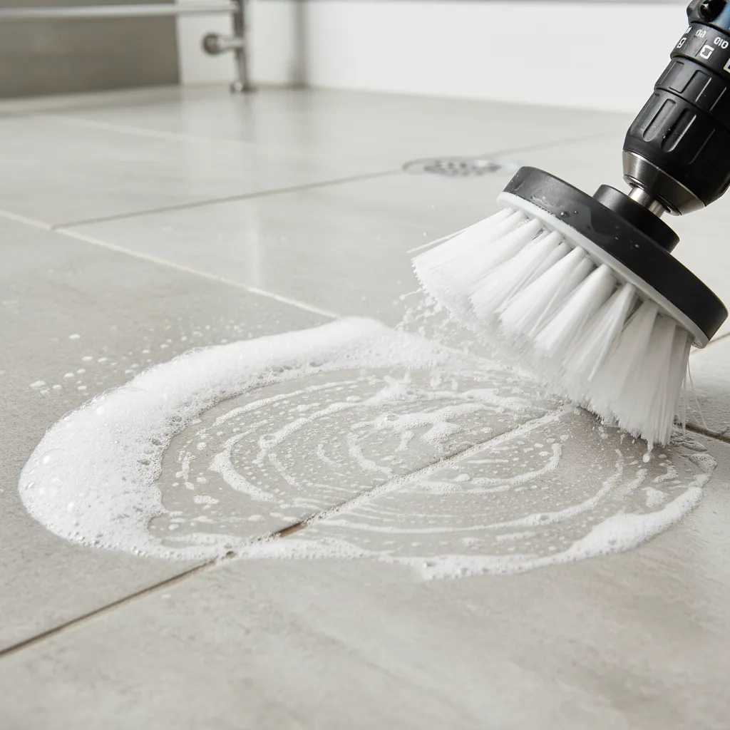Power drill brush attachment scrubbing grout lines between bathroom tiles