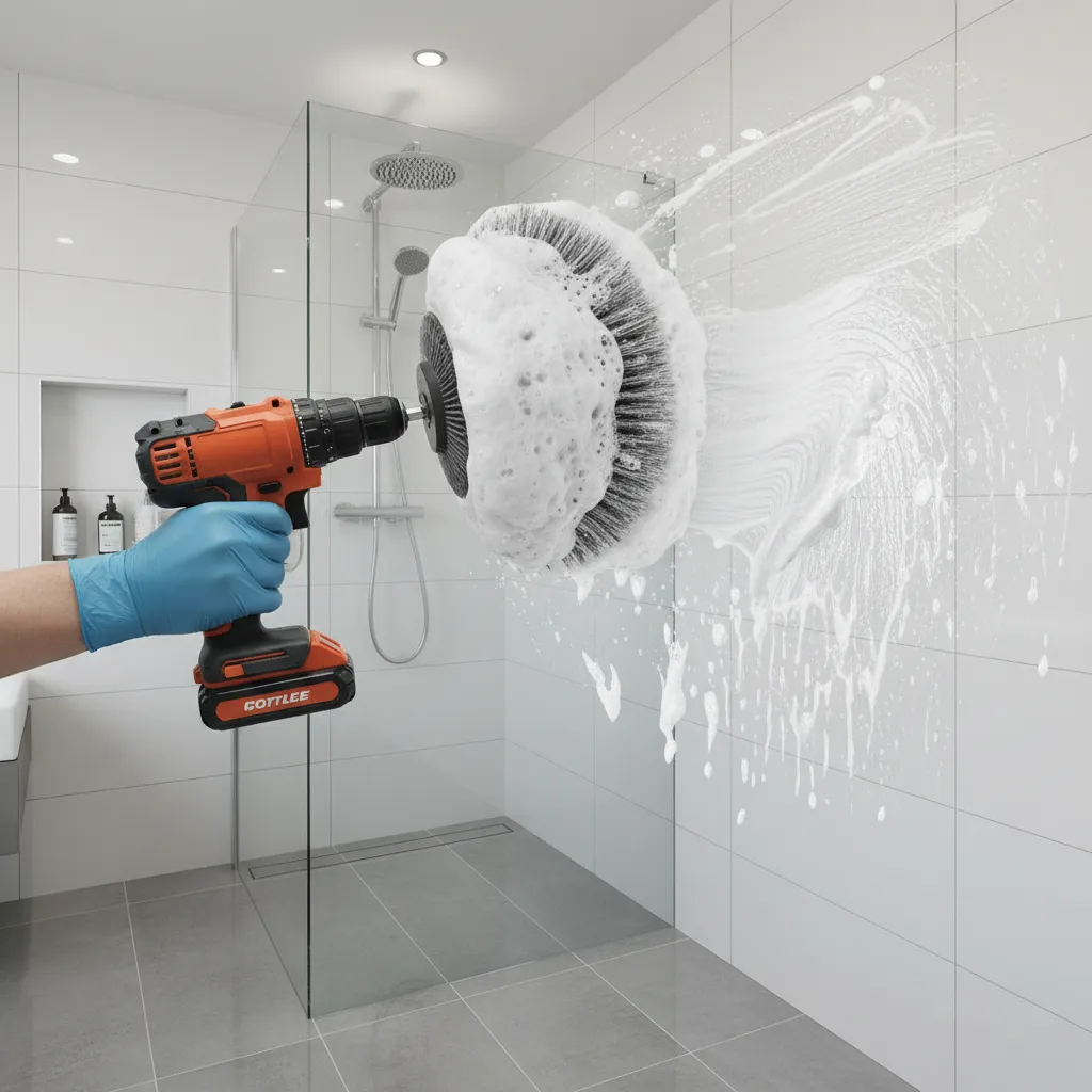 drill powered brush cleaning shower wall tiles